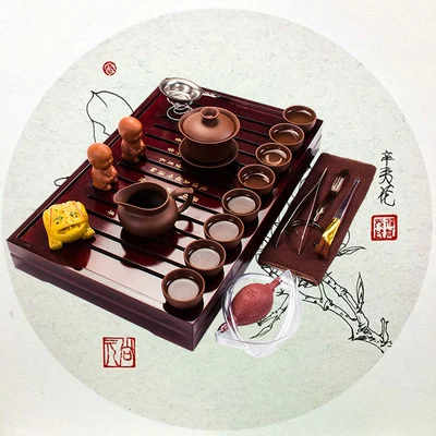 Hot Sale Yixing Ceramic Kung Fu Tea Set Solid Wood Tea Tray Teapot Tea Suit Chinese Tea Ceremony kung fu tea set