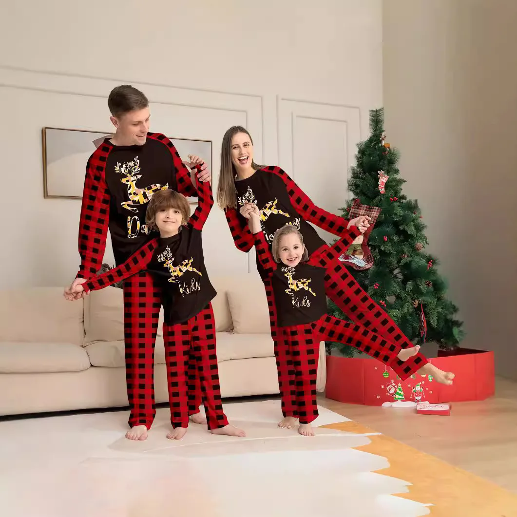 

2024 New Christmas Family Set Deer Print Halloween Home Wear Crewneck soft two-piece Holiday Family Set and Baby crawl suit