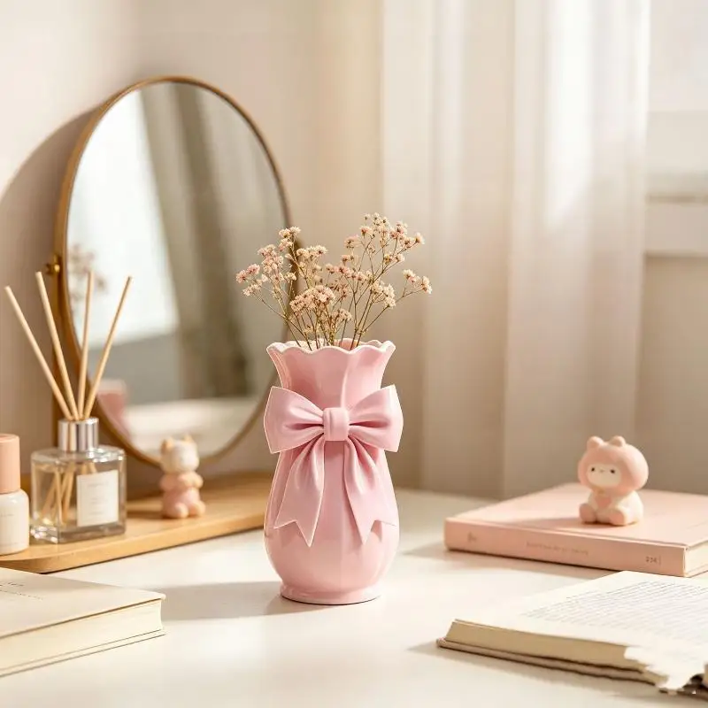 Twisted Design Pink Bow Flower Vases Flower Arrangement 3D Printed Decorative Vase Elegant Style Tabletop Flower Pot