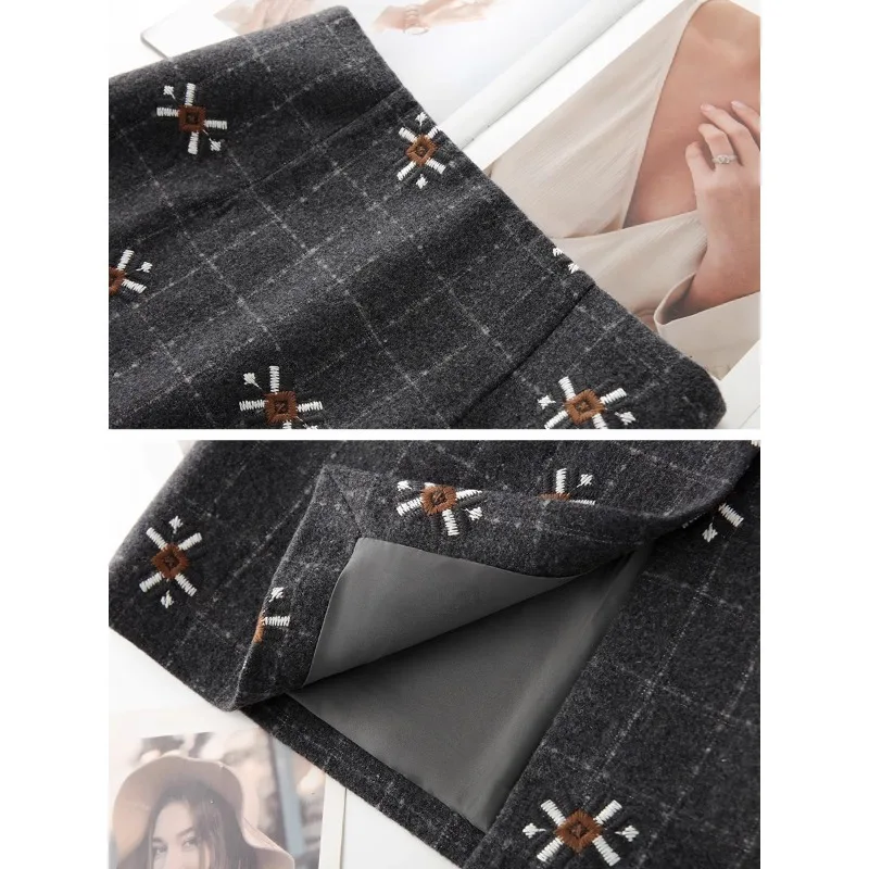 Черная шерстяная юбка-миди в клетку для женщин, потрясающая клетчатая облегающая юбка трапециевидной формы с миниатюрной вышивкой
