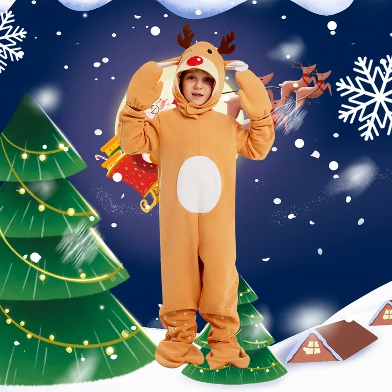 RT01 Adult Girls Animals Elk Christmas Reindeer Velvet Hooded Dress Kids Halloween Role Play Dress Up Cosplay Parent-Childre*Jk2