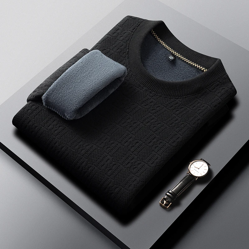 Herren-Pullover mit Rundhalsausschnitt, aus dickem Strick, mit Fleece-Futter, Jacquardmuster, lange Ärmel, weicher, warmer Stoff, für den Innen- und Außenbereich, Winter, Freizeitkleidung. – Detail 7