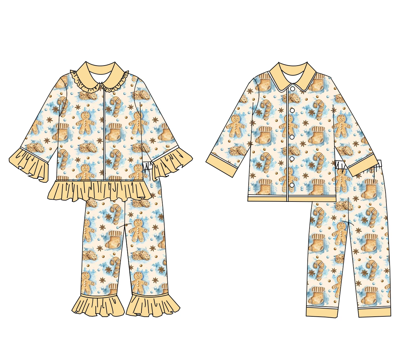 

Christmas new hot sale cookie and candy print children's autumn yellow cuff boutique pajamas set