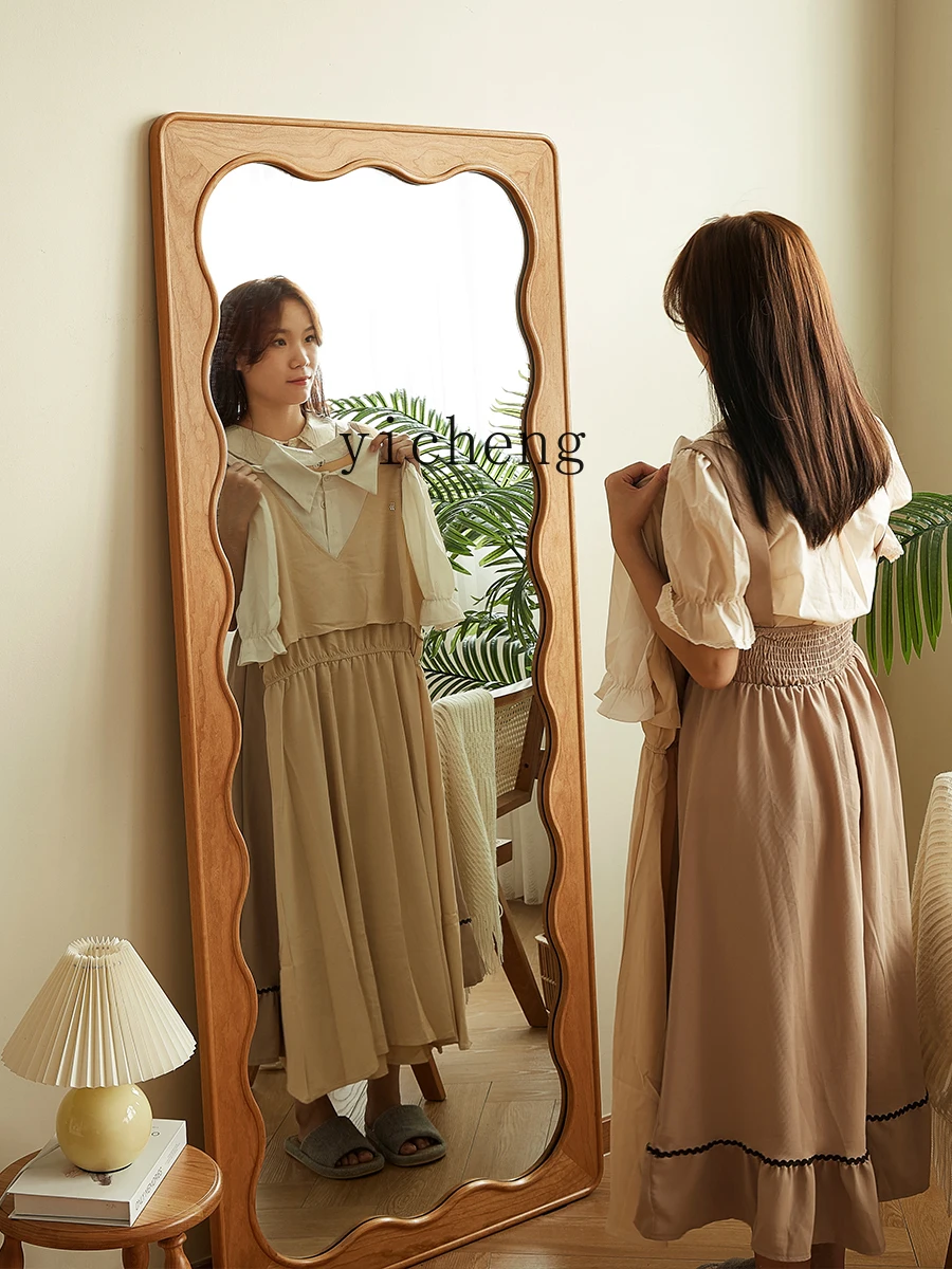 Tqh Full-Length Mirror Floor Solid Wood Home Wave Dressing Mirror Bedroom Small Apartment