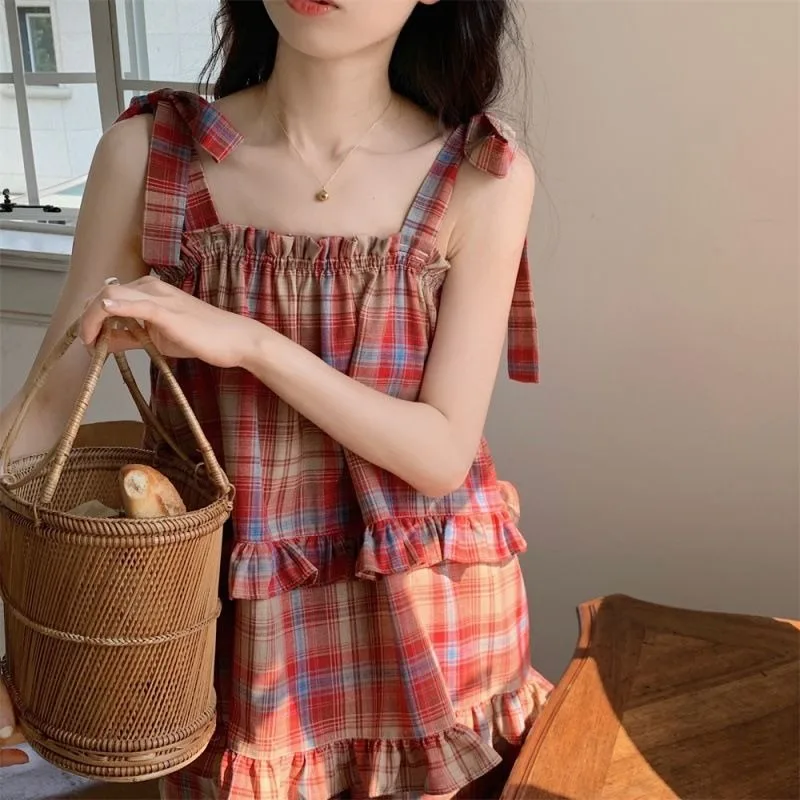 Ins Camis Pajamas Women Summer Red Plaid Ruffles Sleeveless Loose Preppy Home Nightwear Korean Sweet Vintage Female Pjs Thin