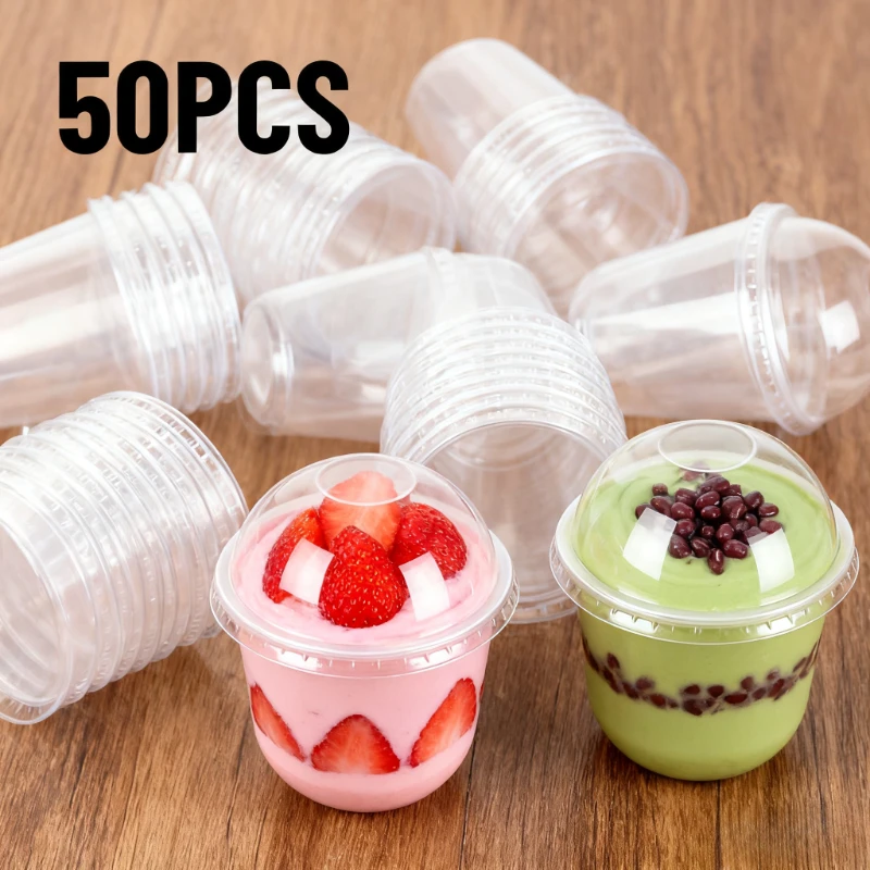

50 шт. одноразовые прозрачные пластиковые стаканчики с круглой крышкой, чашки для пудинга, десерта, торта, сока, мороженого, товары для дня рождения