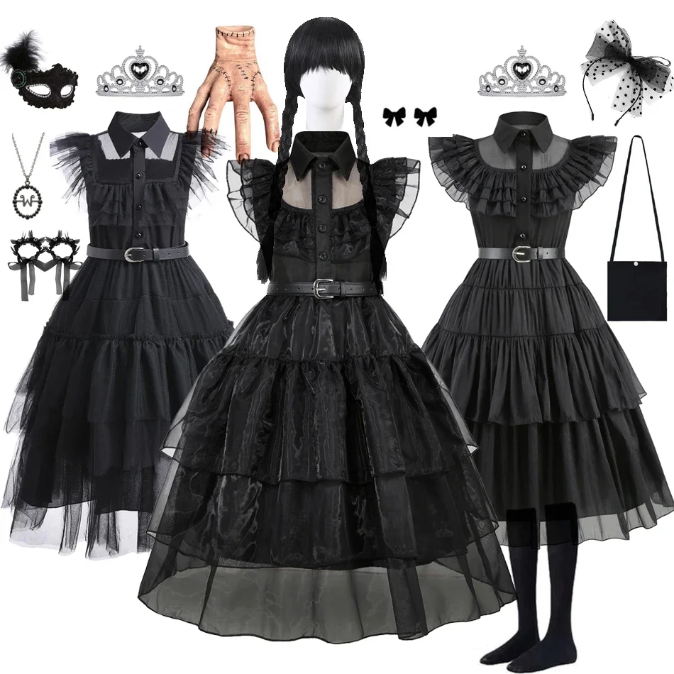 Wednesday Costumes Dress for Girls Gothic Costume Kid Teen Party Black Evening Dress Kids Carnival Party Kid Vestidos