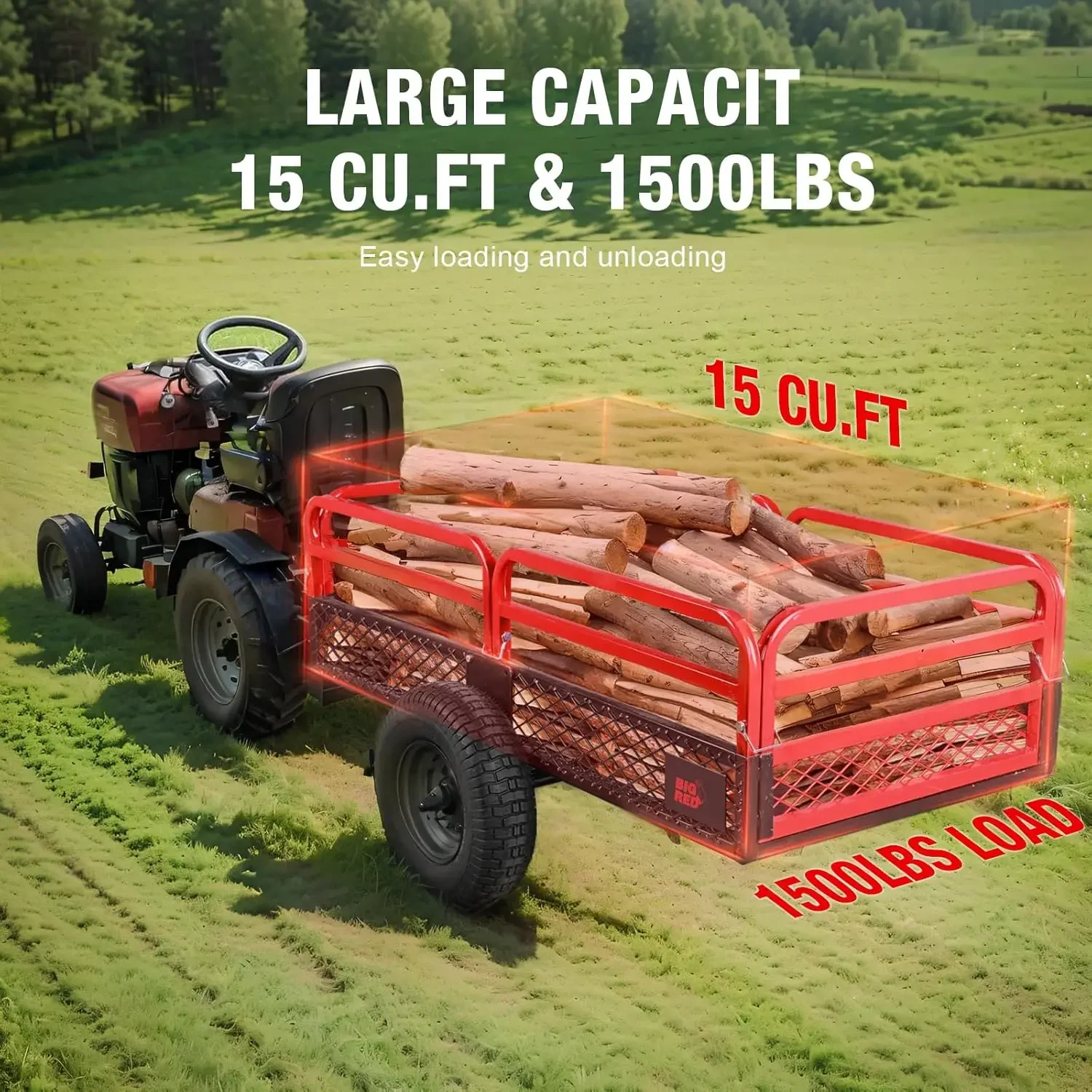 Heavy Duty ATV Trailer Steel Dump Cart: Yard Garden Trailer for Lawn Mower, Tractor, Garden Waste - 1,500lbs, 15 cu.ft Capacity