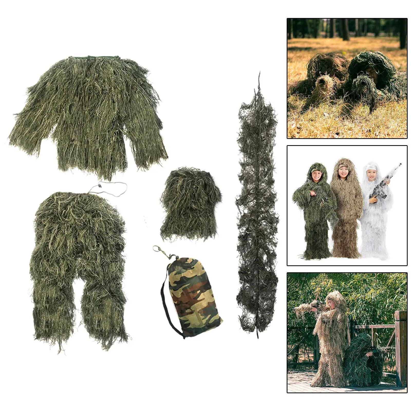 Children Ghillie Suit 3D Camouflage Clothing Woodland Gilly Suit Hunting Clothes Set for Wildlife Photography Clothing Suit