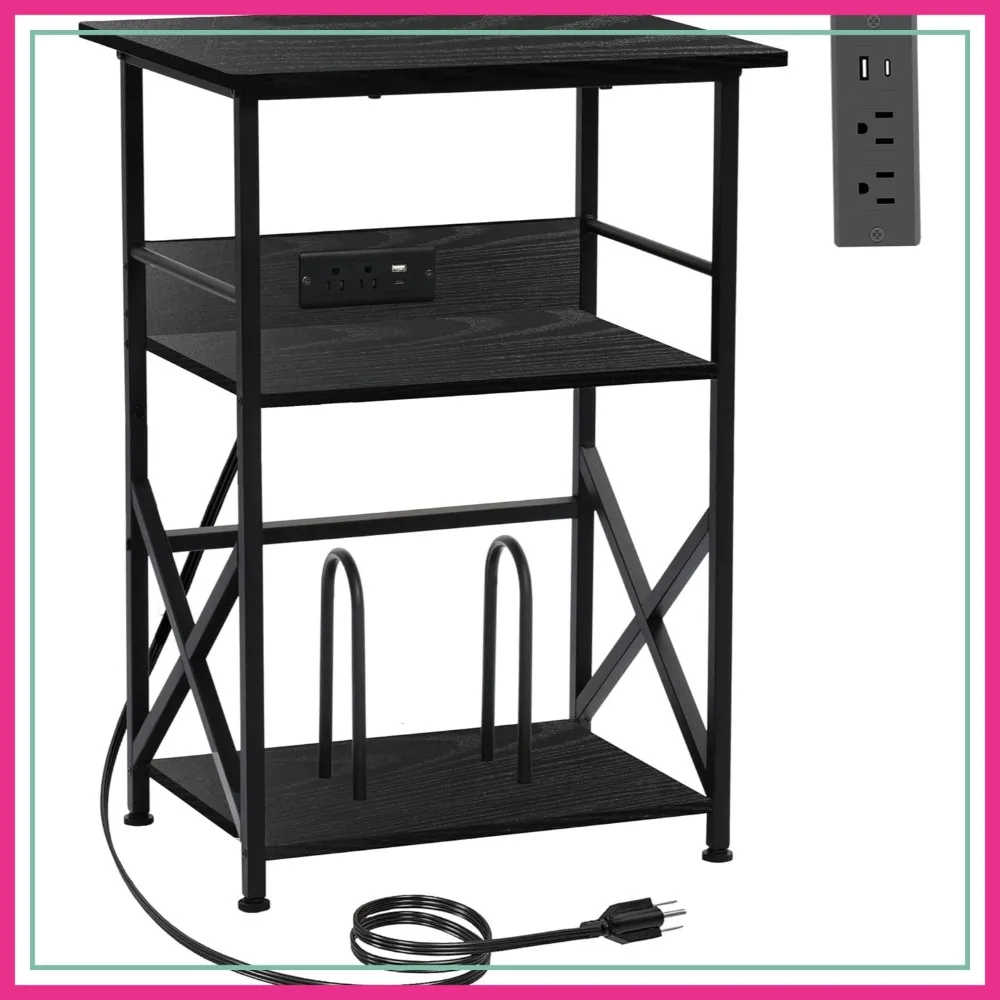 

3-Tier Record Player Stand with Charging Station, Side Table for 100 Vinyl Storage, Living Room, Black