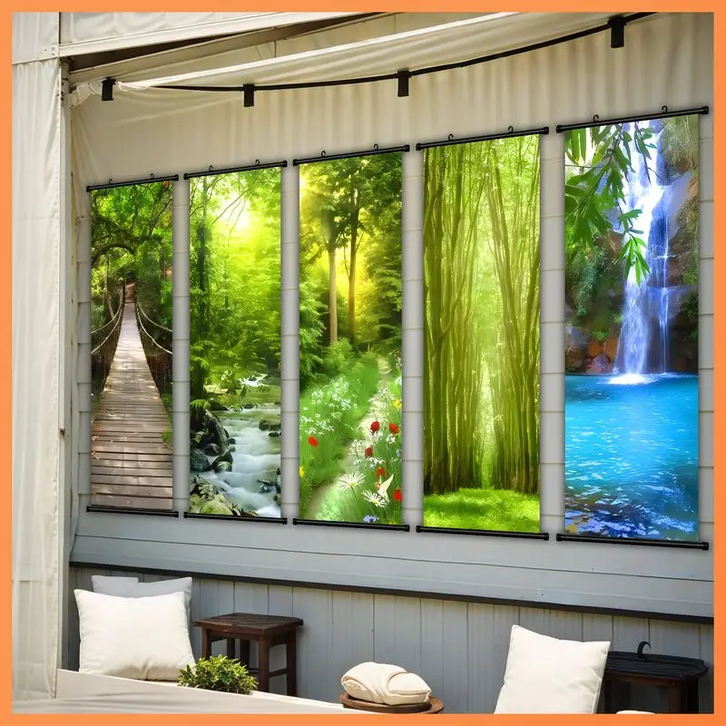 VIKAMA Green Forest Trees Hanging Scroll Set Nature Botanical Poster Vertical Wall Art for Living Bedroom Bathroom Decor