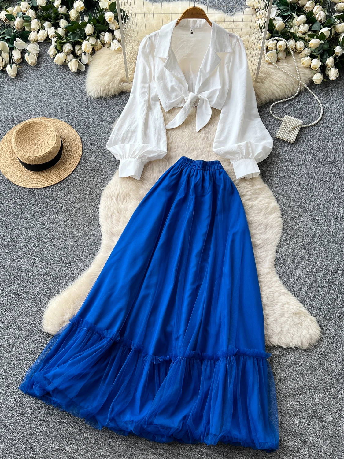 

White Shirt Blue Pleated Long Skirt Two-Piece Set Women's Spring Autumn Slimming Elegant Fashionable Commute Style Ensemble