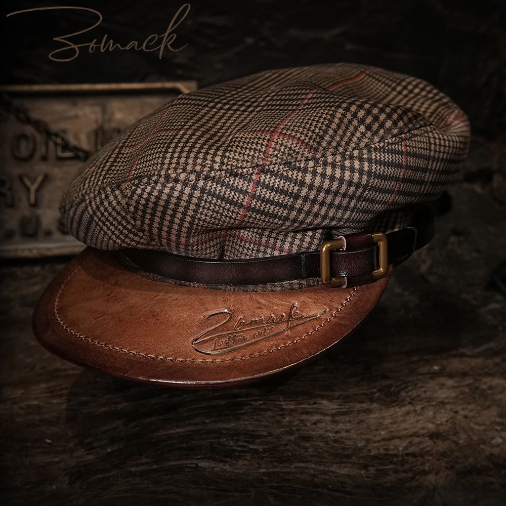 Ręcznie Robiona Czapka z Daszkiem Modna Krata Damska Kolorowy Malarz Gazeciarz Beret Damski Skórzany Ośmiokątny Brytyjski Retro Męski