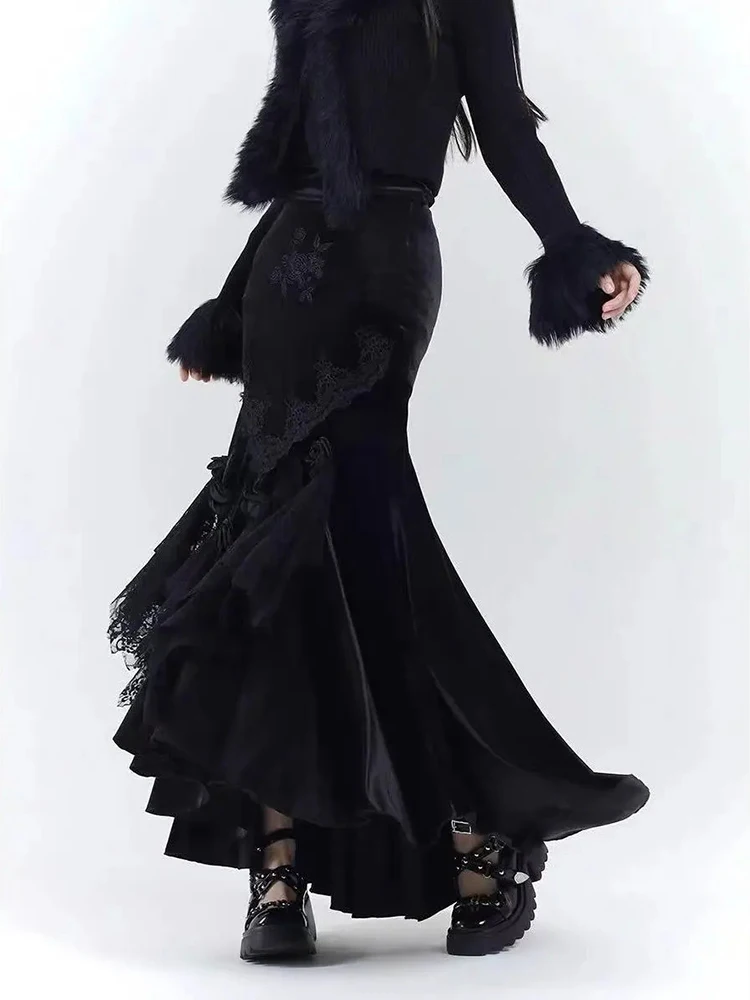 Black Elegant Long Skirt Women Irregular Lace Patchwork 3D Floral Mermaid Skirts Y2K Gothic Streetwear Slim Autumn Winter Skirt