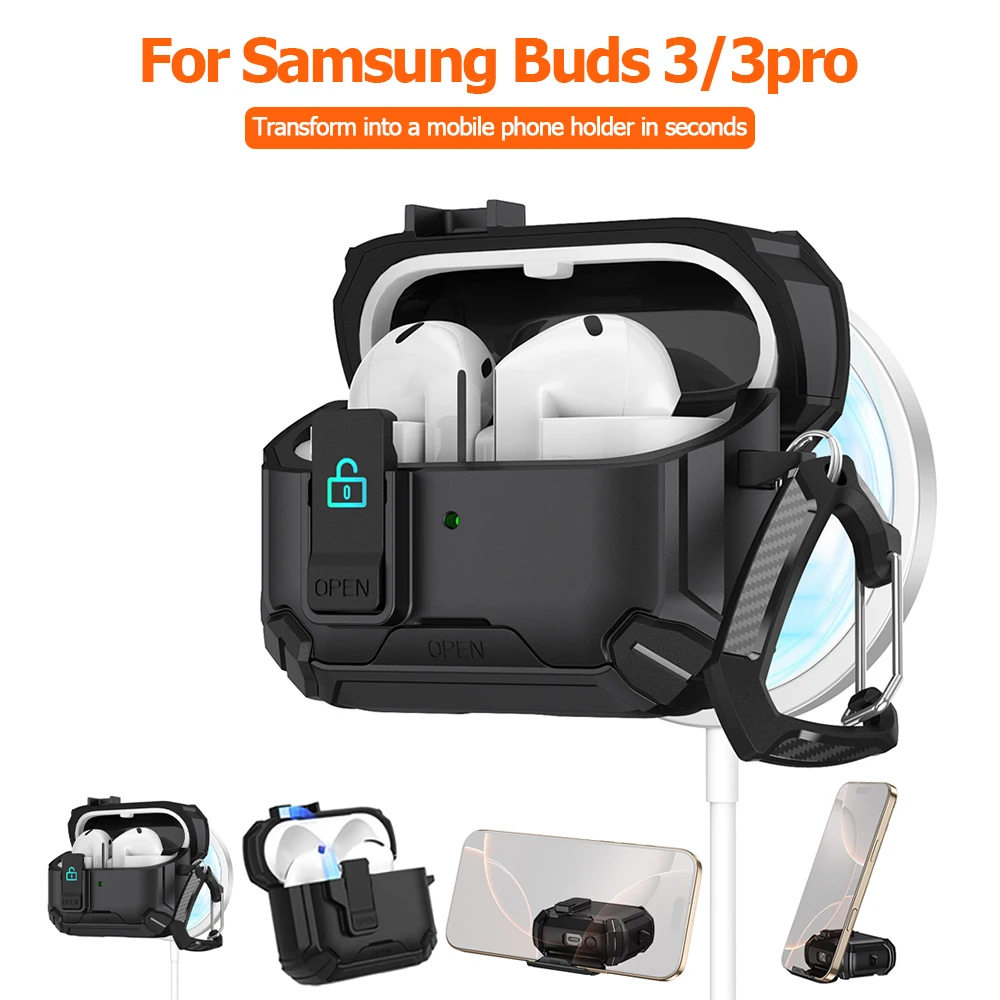 For Samsung Galaxy Buds 3 Pro Security Lock Earphone Cover Buds 3 with Phone Stand For MagSafe Drop Protection Cover With Hook