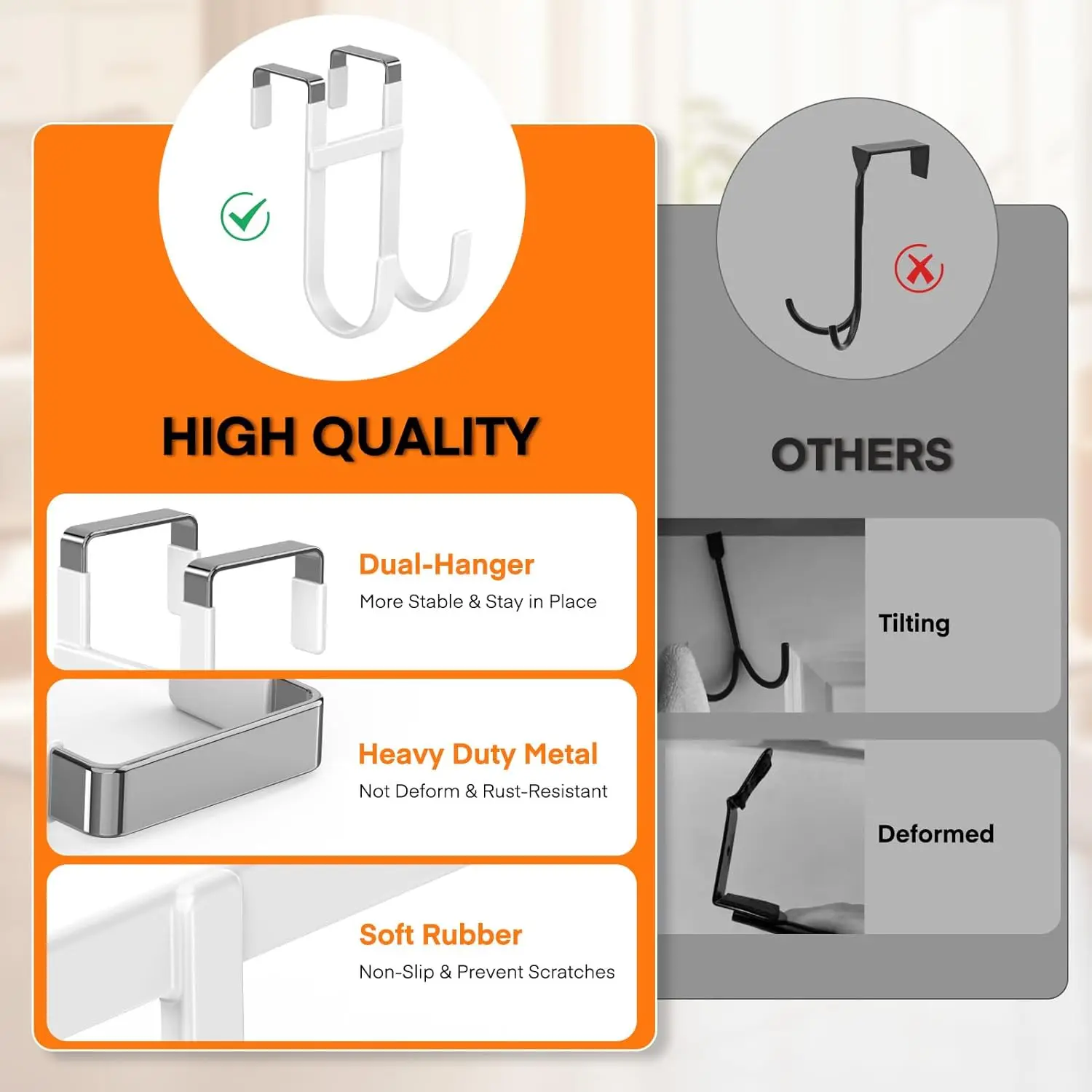 Over Door Hooks 2 Pack Heavy Duty Double Hanger Rubber Coating Organizer for Bathroom Bedroom Dorm Hanging Clothes Towels Hats view 3