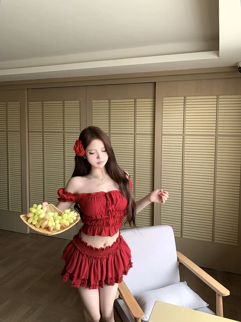 

Kumikumi Pure Desire Style Red Elegance Sleeveless Shirt And Skirt Two-Piece Set Women's Fashion Summer Slimming Sexy