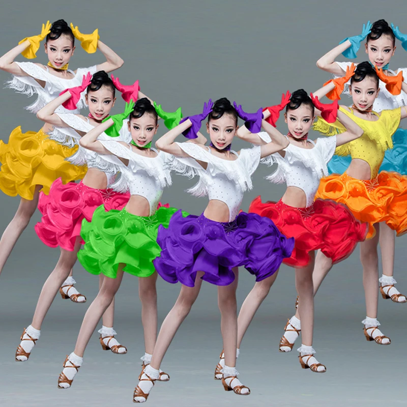 

Skirts Girls' Diamond-Studded Fringe Floral Dress New Professional Children'S Latin Dance Costumes High-End Competition