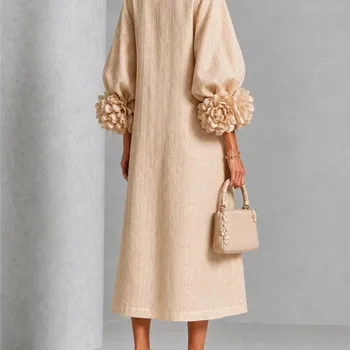 Elegant Women Linen Midi Dress O Neck 3D Floral Lantern Sleeve Button Loose Straight Long Dress Modest Casual Party Dresses 2