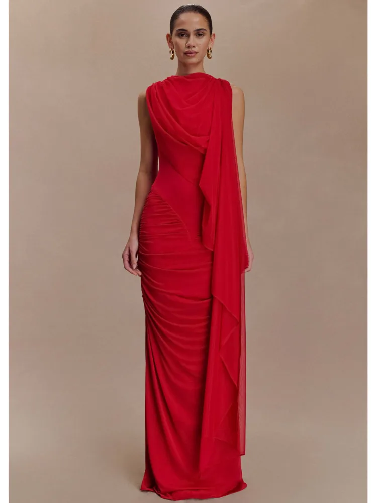 Articat Elegant Sleeveless Mesh Patchwork Bodycon Long Dress Women Double Layer Ruched Party Club Evening Dress Autumn New 2025