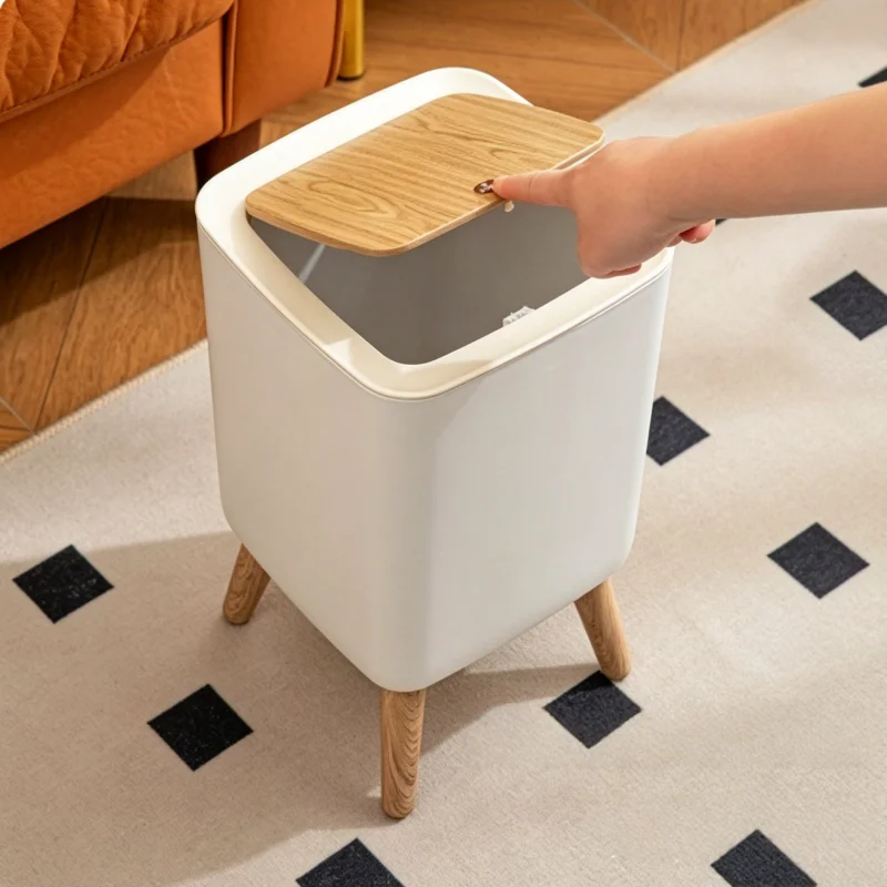 Nordic Decorative Standing Trash Can, Square Press‑Lid Plastic Waste Bin With Raised Legs, Wood‑grain Cover Garbage Bucket for Indoor Household Use