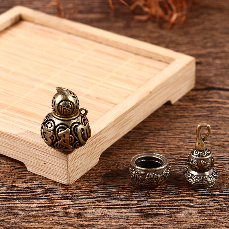 Brass Chinese Letters Blessing Lotus Gourd Charms Copper Lucky Car Key Chain Pendants Pill Box Medicine Case Container Bottle