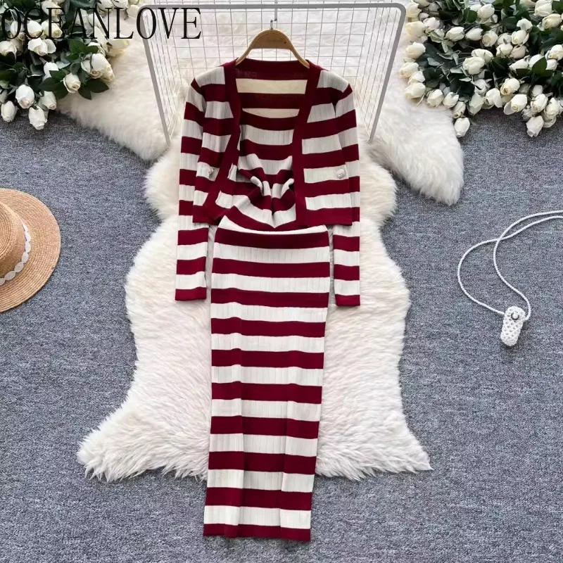 

OCEANLOVE Knitted Dress Set Stripes Autumn Winter Korean Fashion Retro Two Pieces Sets Women Outfits Elegant Conjuntos Feminino