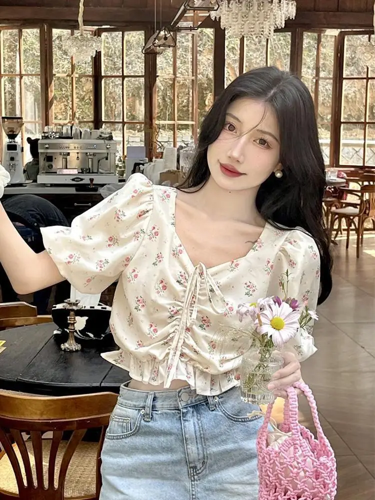 Small Floral Drawstring Short Lace-up Chiffon Shirt Women's Design Pure and Lustful