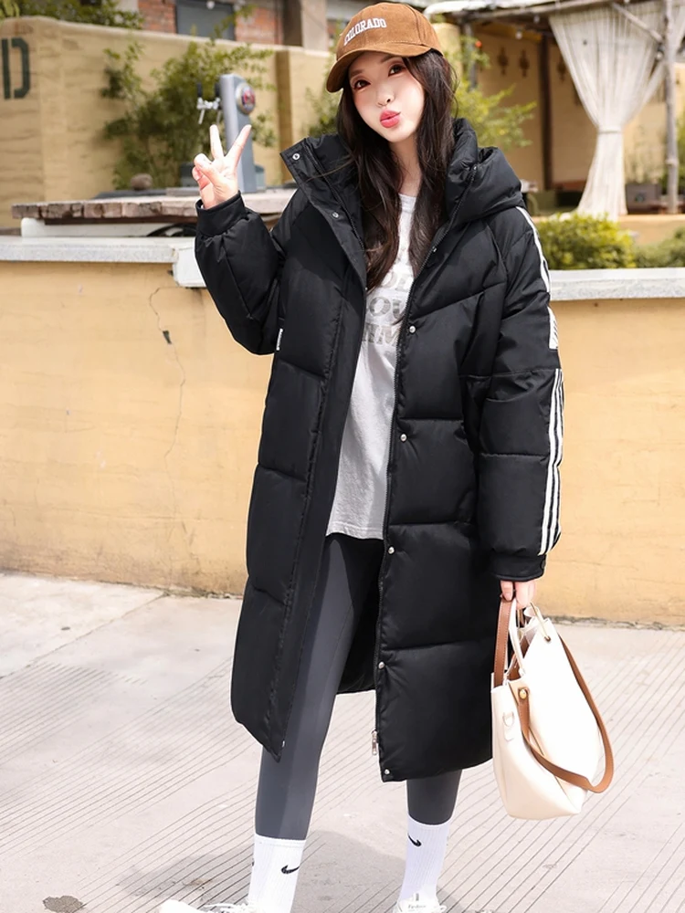 

Новая зимняя женская удлиненная куртка-пальто свободного кроя выше колена с капюшоном, универсальная, для повседневной носки, в корейском стиле, из полиэстеровой ткани