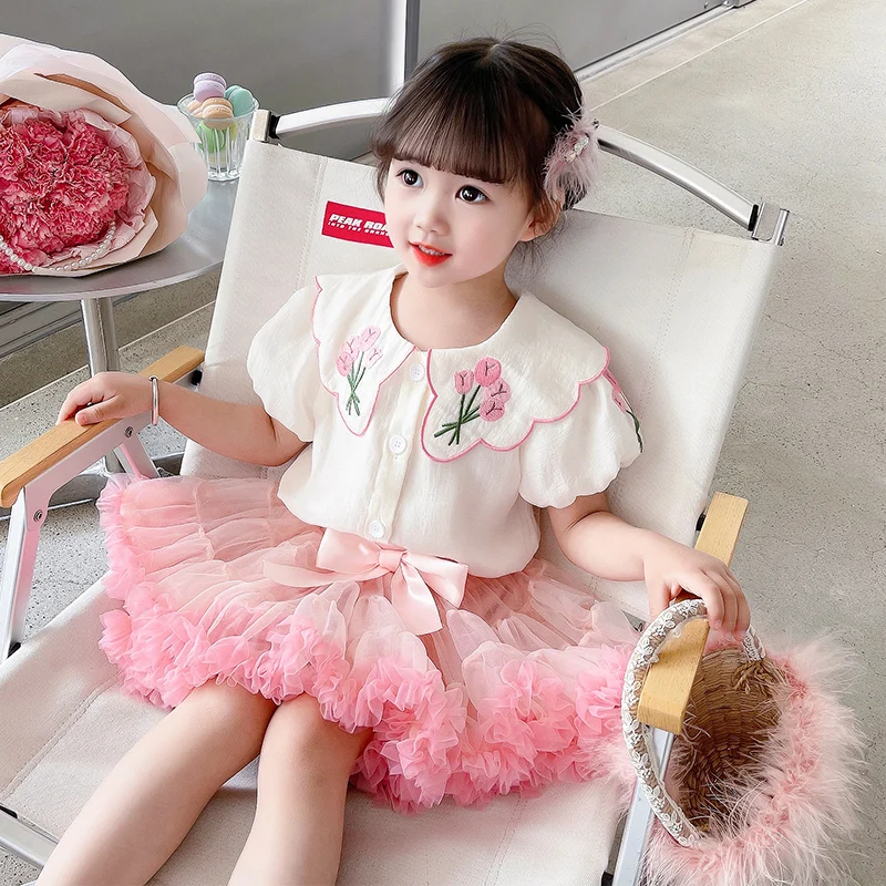 2023 Summer Baby Girls Clothing Sets Children Floral Shirt Bow TUTU Skirt Lace Princess Costumes Kids Clothes Outfits 2-8 Years