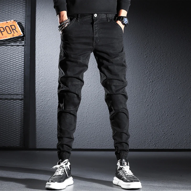 

Streetwear Fashion Men Jeans Black Color Multi Pockets Casual Cargo Pants Hombre Spliced Designer Hip Hop Joggers Men Overalls