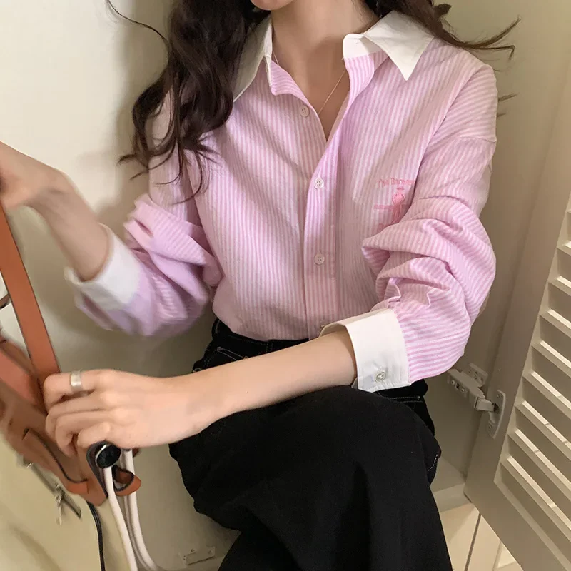 Embroidered Striped Shirt Women's Autumn Korean Version Versatile Casual Pink Shirt Top