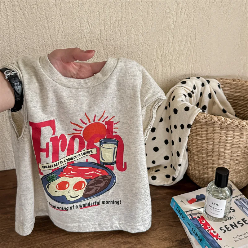 2024 Summer New Children Casual T Shirts Cartoon Print Baby Sleeveless Vest Kids Boys Girls Tees Toddler Cotton Bottoming Tops