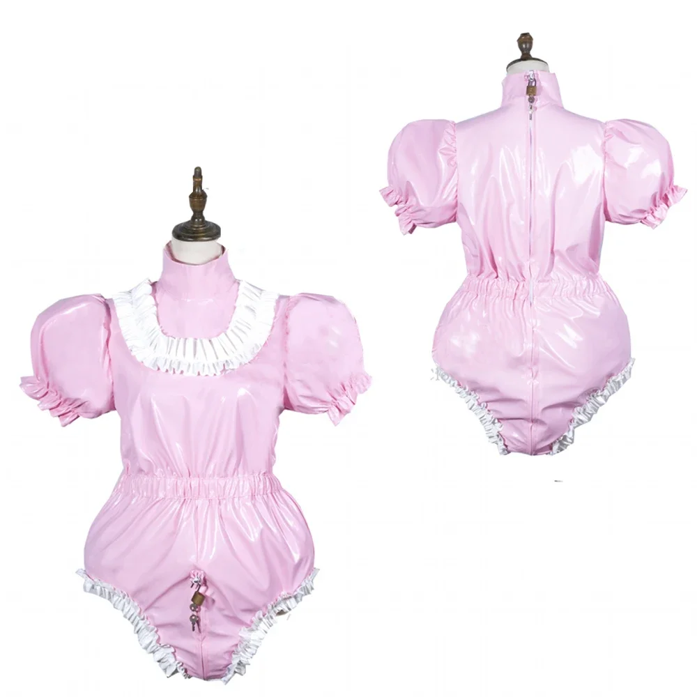 Fantasia de cosplay de empregada feminina exótica, body sexy, gola alta, macacões de manga curta, couro pvc brilhante, macacão de patry, com tampa