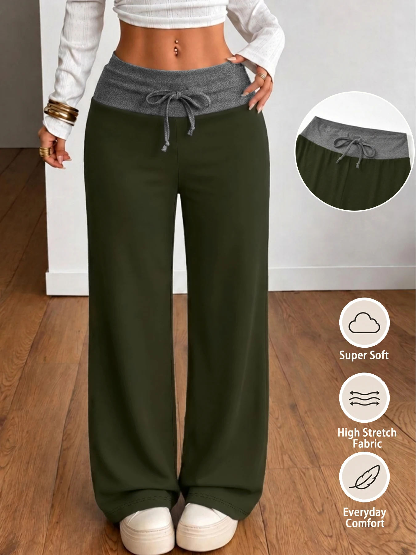 Color-Blocking Wide-Leg Pants For Women, High Waist Super Soft Relaxed Fit Casual Trousers for Daily Wear and Lounge