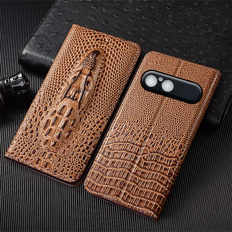 

Crocodile Head Genuine Leather Flip Case For Sony Xperia 10 VII Phone Cover Card Cases Scratch Proof