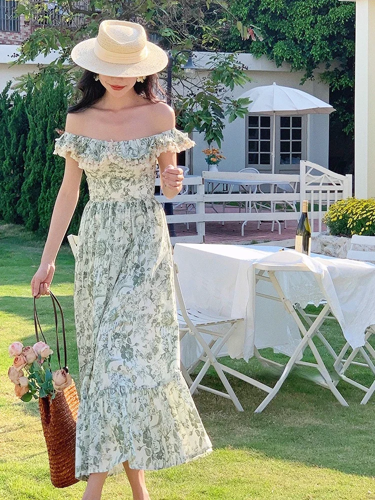 

Elegant Strapless Floral Dress Office Lady Vintage Casual Party Midi Dress Beach Women Sleeveless Formal Dress Korea Summer 2024