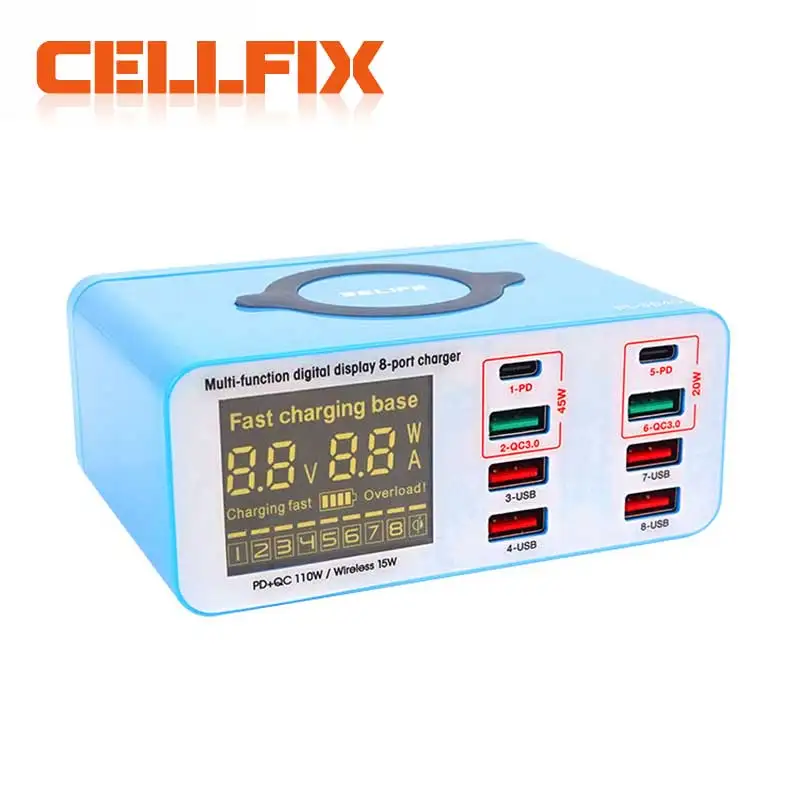 RELIFE RL-304S 1+8 Multifunctional Digital Display 8 port Charger For iPhone HUAWEI VIVO OPPO XIAOMI Samsung Android Phone