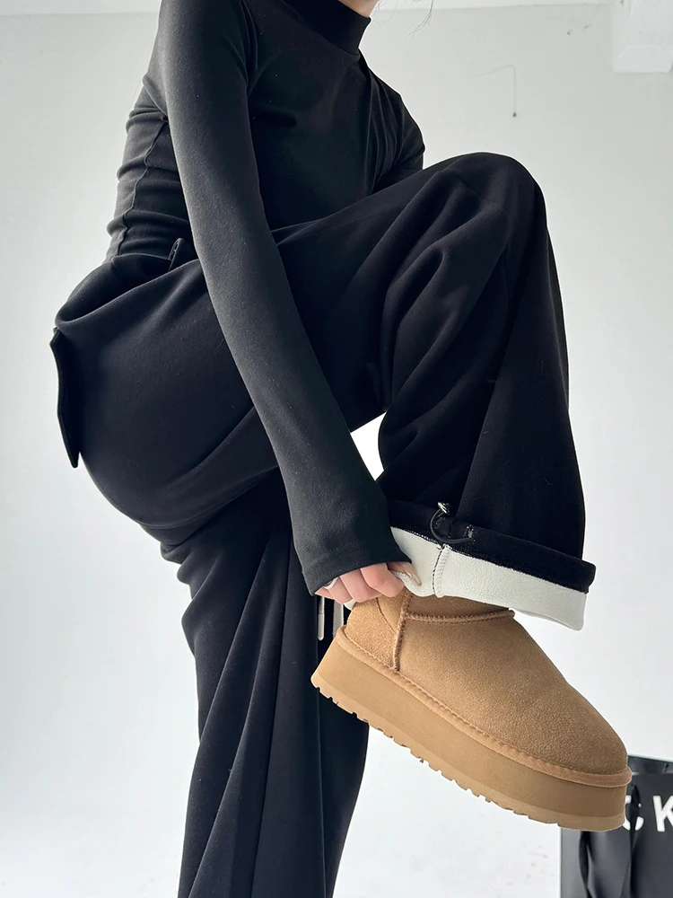 Pantalones de pierna ancha de cintura alta para mujer, pantalones de pierna recta deportivos informales holgados y drapeados de invierno