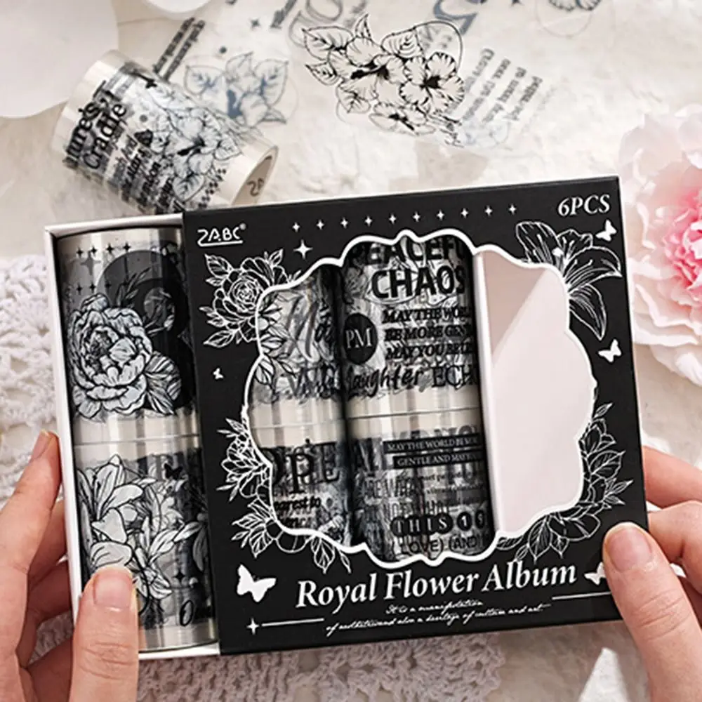 

6 Rolls Retro Floral Style Flower Book Series Tape Romantic DIY Scrapbooking PET Waterproof Adhesive Tape Gift Wrapping Creative