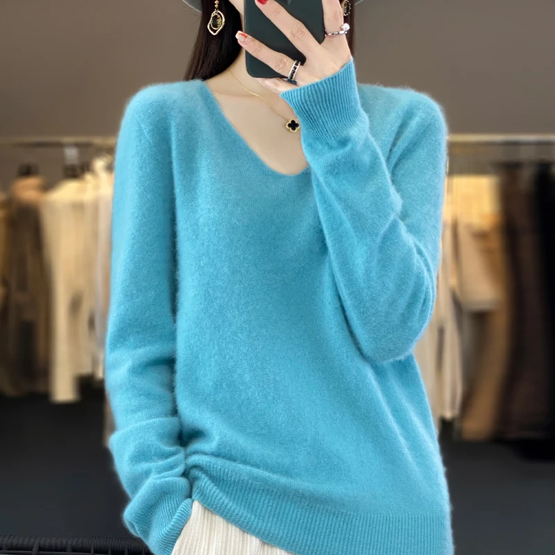 100% Pure Merino Wool Sweater Women V-neck Pullover Autumn /winter Casual Knit Tops Solid Color Regular Female Jacket Hot