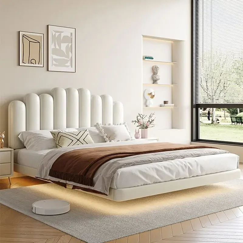 Cream wind suspension bed Internet celebrity INS light luxury modern simple master bedroom double bed pine frame silent leath