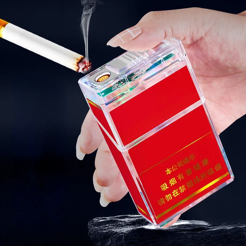 Brand New Type-c Rechargeable Cigarette Case Lighter Transparent Shell Visible Flash 20-pack Lighter Integrated Cigarette Case