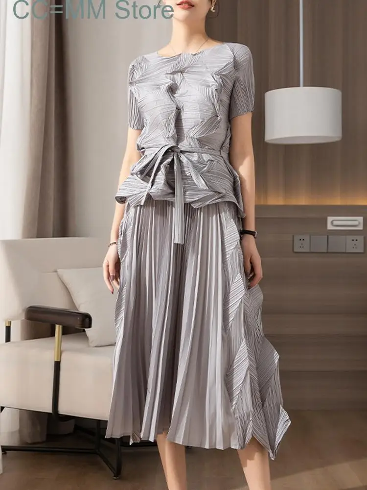 New Diamond Pleated 2 Pieces Set For Women Round Neck Short Sleeves Belt Tops High Waist Spliced Fold Skirts