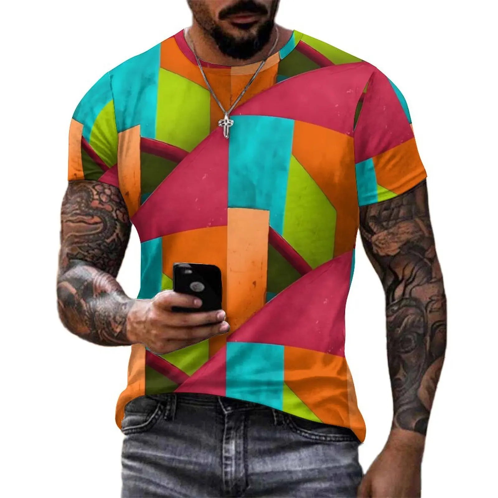 Beach T Shirt Cuban Colorblock T-Shirts Colorful Print Casual Trending Tees For Male Short-Sleeved Graphic Oversized Clothing