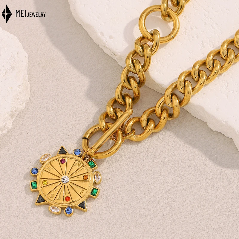 FashionTrendy Personalized Stainless Steel Jewelry Cuban Chain OT Buckle Compass Pendant Necklace