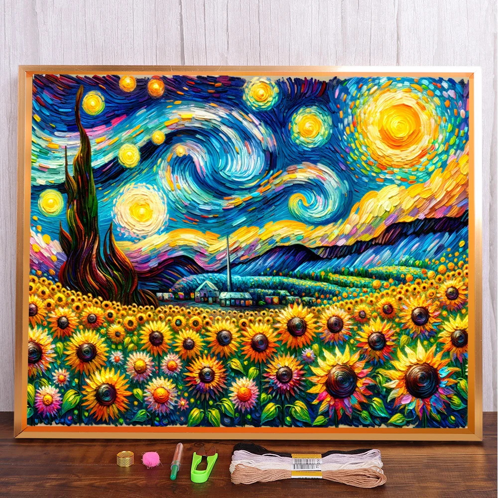 Landscape Sunflower Printed Canvas Cross-Stitch Kit Embroidery Handiwork Handmade Sewing Craft Different Home Decor For Adults