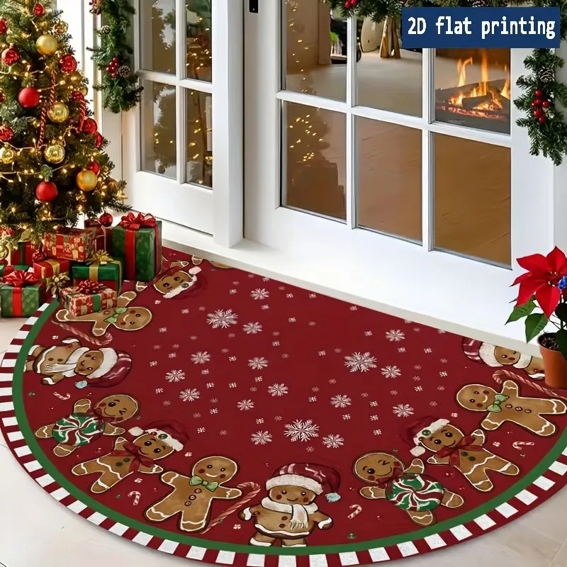 Gingerbread Man Half-Circle Christmas Doormat, Soft, Non-Slip Entryway Mat, Front Door Holiday Decorative Rug, Home Decor