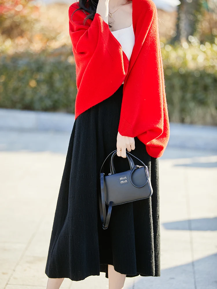 100% pure wool mid-length skirt for women with elastic waist casual versatile simple cashmere skirt
