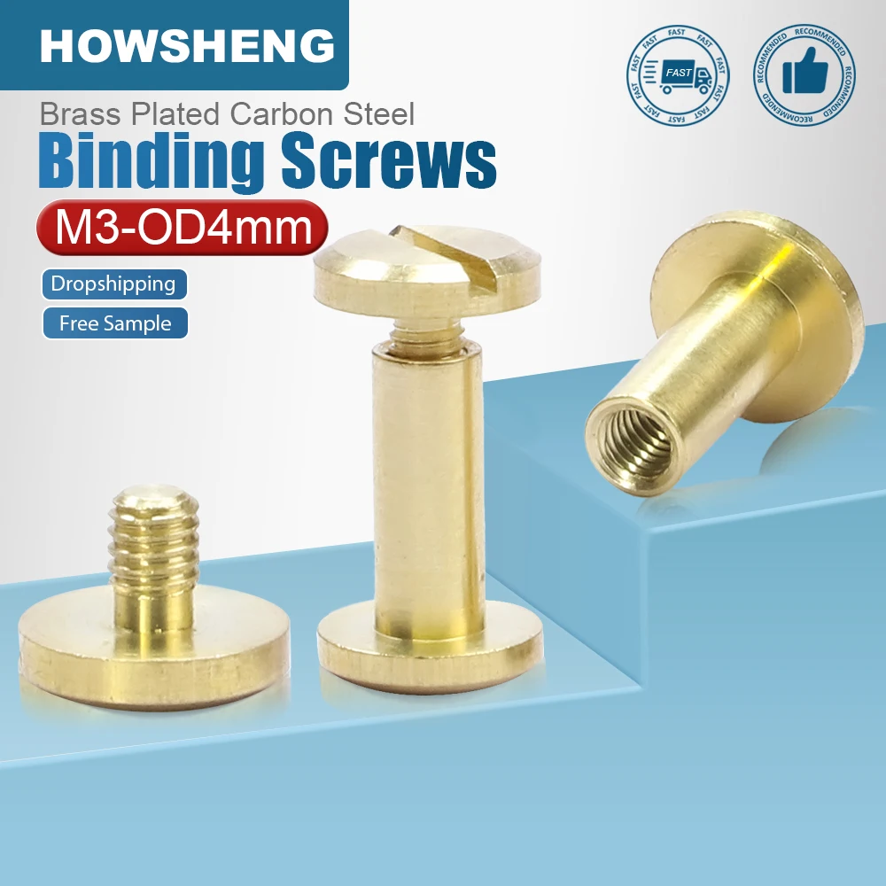 HOWSHENG 5/10sets Brass Binding Chicago Screws Nails Copper M3-OD4mm Slotted Stud Rivets for Luggage Leather Craft